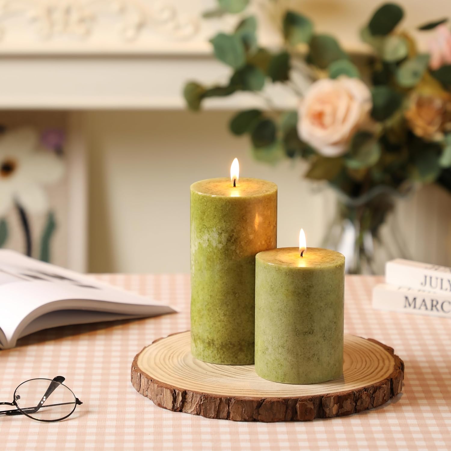 3x4 inch Green Pillar Candles Set of 3, Unscented Pillar Candle, Dripless and Smokeless Large Candles, Candle for Home Decor, Dinner Table,Weddings, Holidays - Image 2