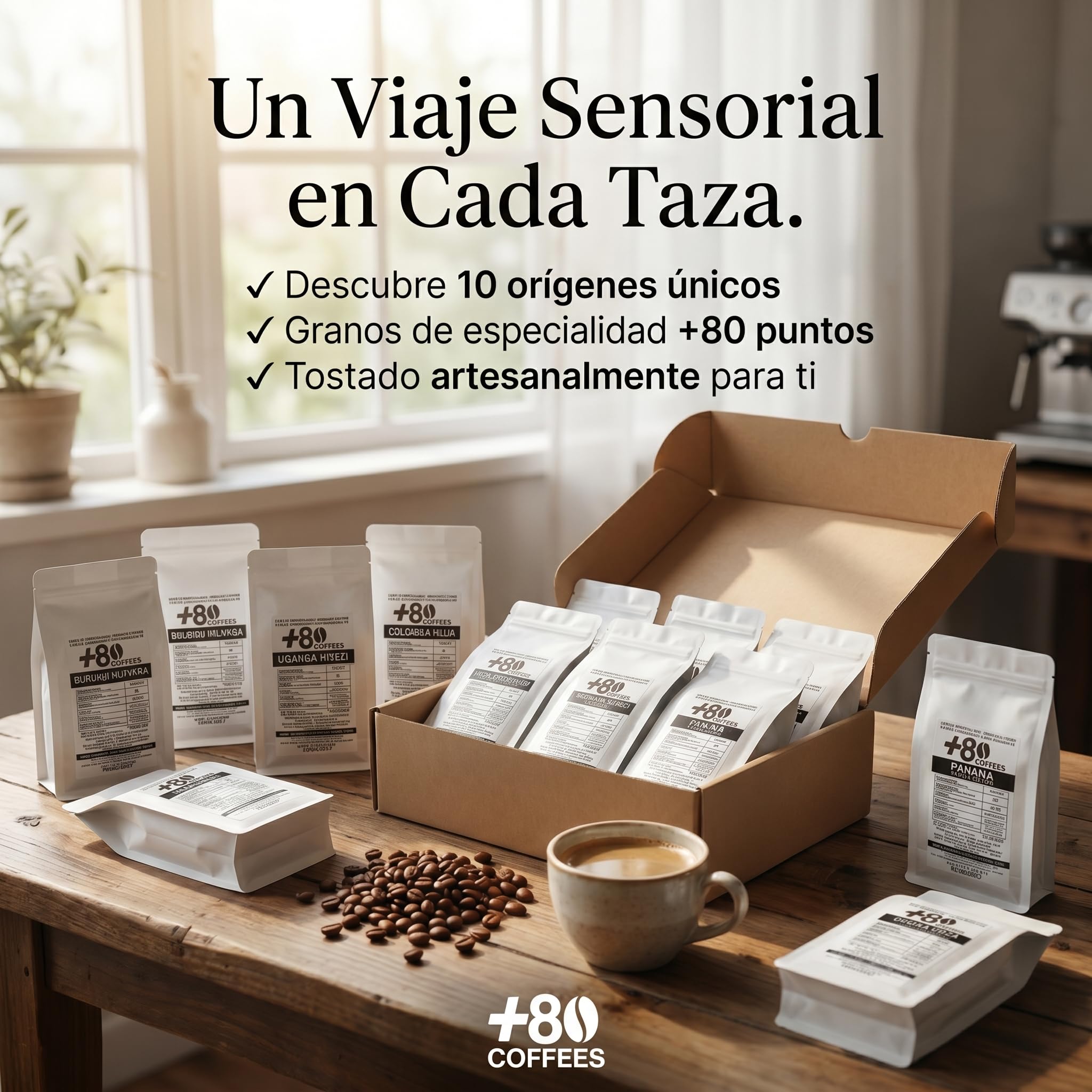 +80 Coffees by Quality Roasters Pack de 10 Paquetes de 100gr, 10 Orígenes, 100% Café Arábica de Especialidad, Puntuación SCA Superior a 80 Puntos, Tostado Artesanalmente, Tueste Medio, Grano Entero