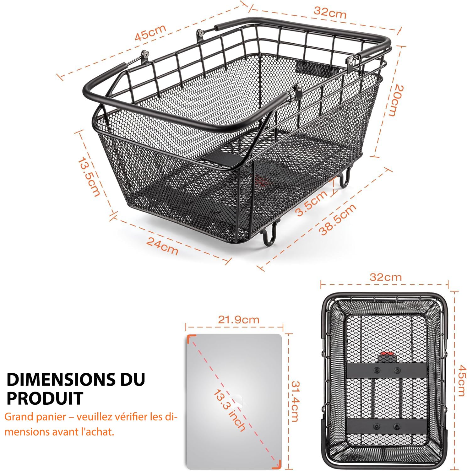 CXWXC Panier de vélo arrière à poignée avec système de Serrage Rapide, Grand Panier avec Filet de Transport et Housse étanche pour Porte Bagages