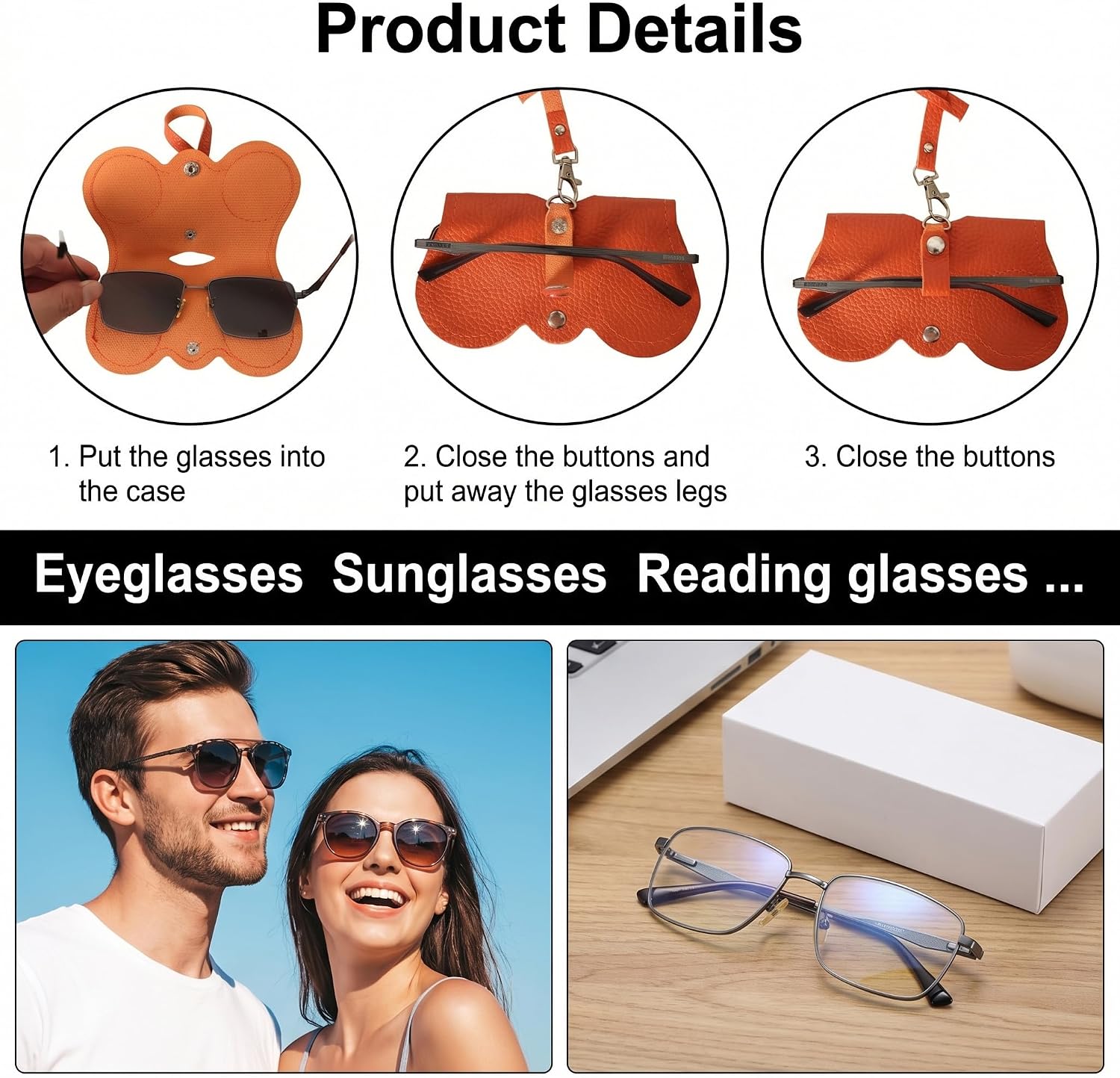 3 Pack Soft Leather Sunglasses Case, Portable Eyeglasses Pouch with Wrist Strap in Orange Brown Black, Slim Glasses Bag for Travel Outdoor Women Men