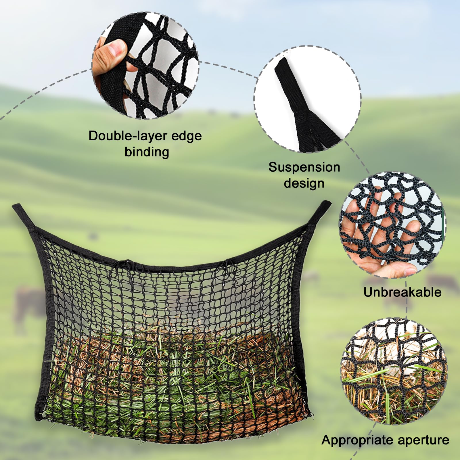 PORFOYO Filet à foin pour chevaux - 120 x 90 cm - Maille étroite avec 2 mousquetons - Filet d'alimentation avec boucle de sécurité - Capacité 10 kg - Filet à foin pour chevaux