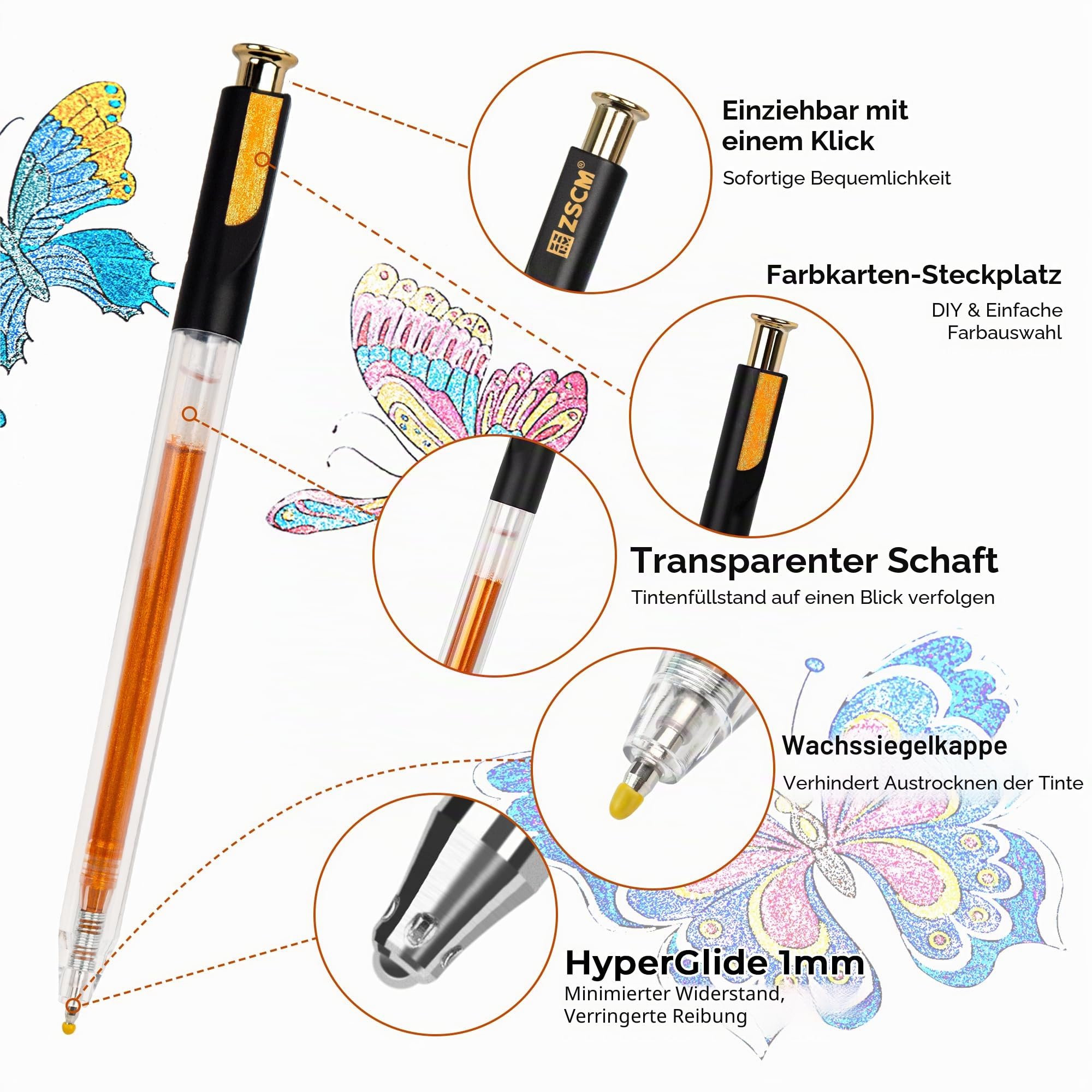ZSCM Einziehbare Super-Glitzer-Gelstifte, 24 Farben, große Kapazität, metallisch, glitzernd, Gel-Tintenstifte, 1 mm feine Spitze, glattes Schreiben, Farbstift für Erwachsene, Malbuch, Notizen