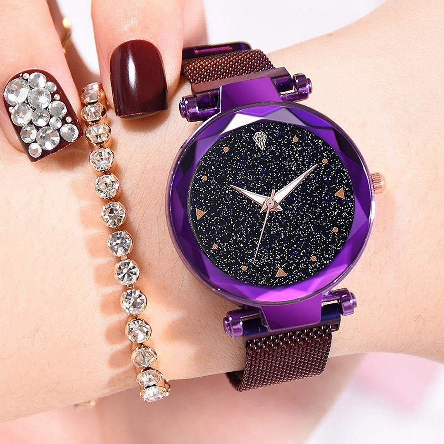 The ShopoholicBlack Round Diamond Dial with Latest Generation Purple Magnet Belt Analogue Watch for Women Pack of - 1(Purple-12)
