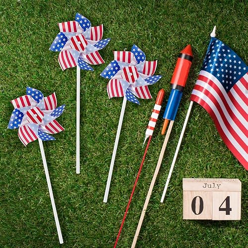 Miniatura 4 de ArtCreativity Juego de 12 molinetes de estrellas y rayas de 6 pulgadas, color rojo, blanco y azul, decoraciones del Día de la Independencia,