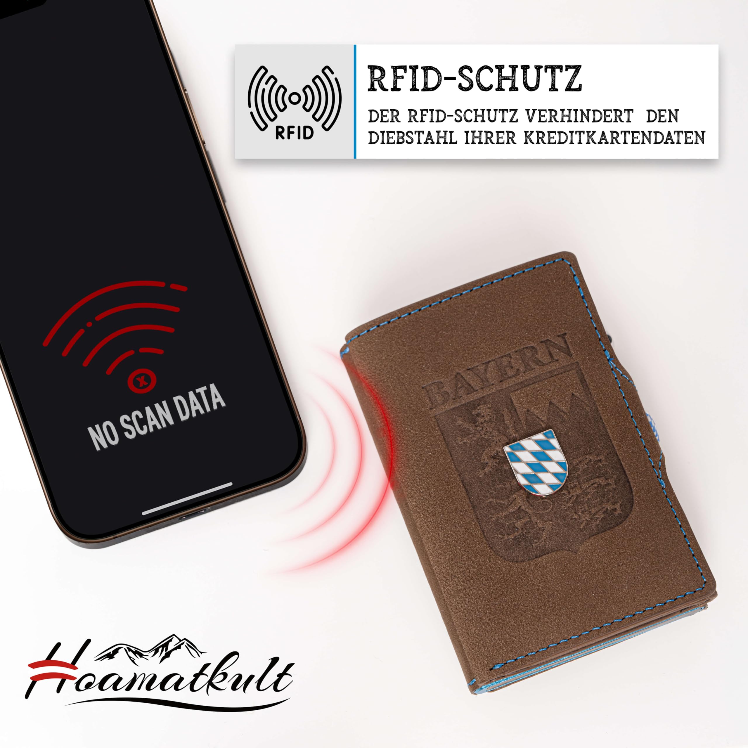 Bayern Smart Wallet Echtleder – Pop-Up Kartenetui mit Bayern Prägung, Wappen Emblem, RFID-Schutz, Münzfach & Scheinfach, personalisierbar, inkl. Geschenkbox