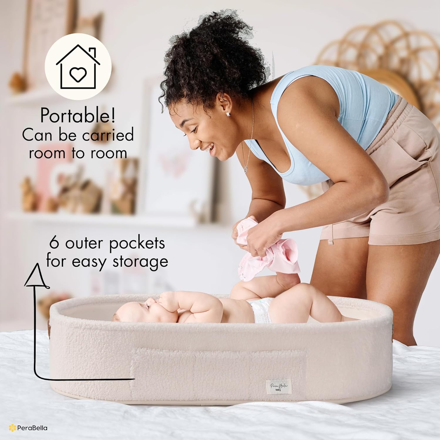PeraBella Baby Changing Basket for Dresser Top, Baby Moses Basket for Newborn, Portable Diaper Changing Pad Table Topper for Dresser, Includes Diaper Caddy Organizer with Handle, Moses Bassinet Mat | Plush Exterior, Breathable Pad, Waterproof Layer, Stable Design