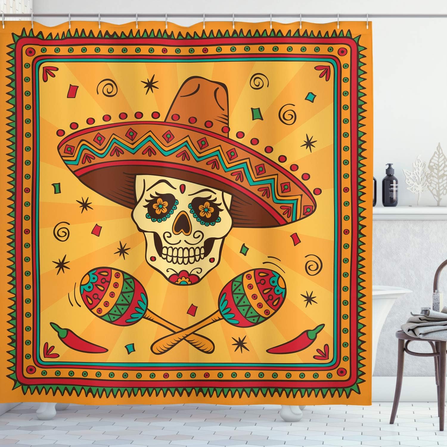 Ambesonne Mexican Shower Curtain, Mexican Sugar Skull Cartoon by Cultural Carnival Design Traditional Celebration Latino Themed, Cloth Fabric Bathroom Decor Set with Hooks, 69" W x 70" L, Orange Teal