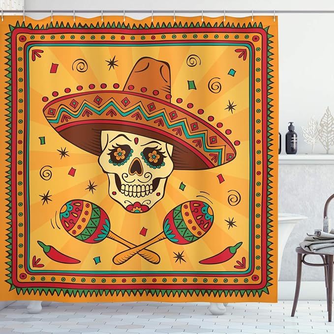 Ambesonne Mexican Shower Curtain, Mexican Sugar Skull Cartoon by Cultural Carnival Design Traditional Celebration Latino Themed, Cloth Fabric Bathroom Decor Set with Hooks, 69