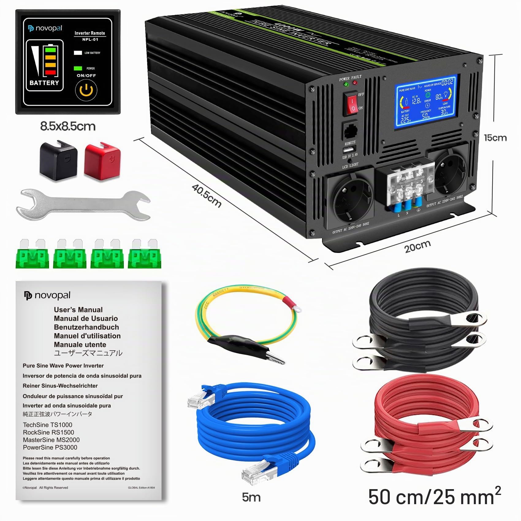 NOVOPAL Inversor 12v 220v Onda Pura 4000W/8000W Convertidor | 5M Mando a Distancia, USB+LCD Display para Coche, Caravana, Barco