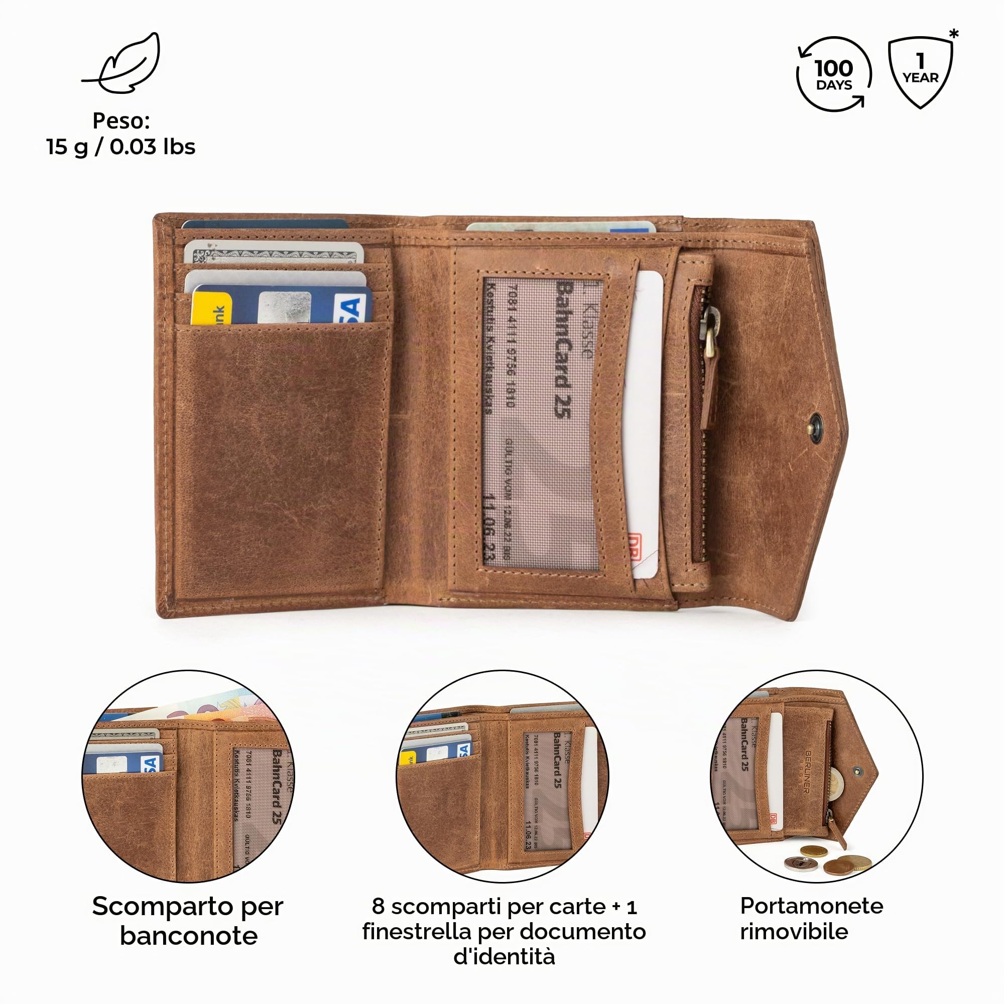 Berliner Bags Portafoglio Donna Pelle Katy, Compatto Trifold con Portamonete Removibile, Porta Carte e Protezione RFID – Marrone
