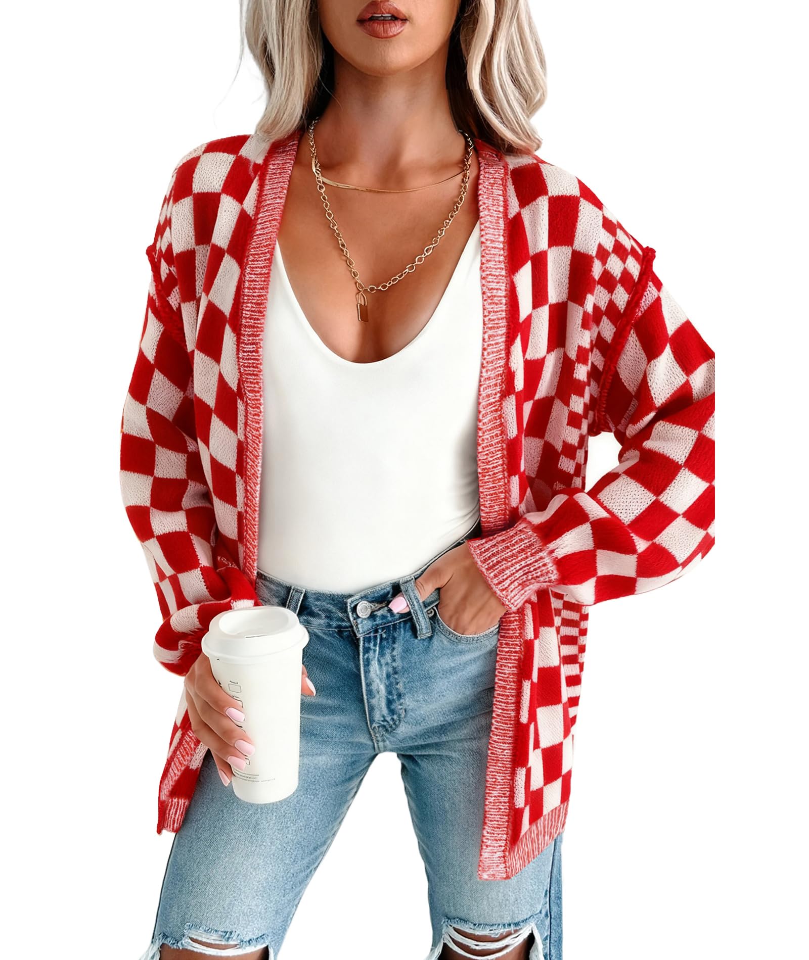 Urchics Womens Casual Fall Cardigan Sweater Open Front Chunky Knit Sweaters Checkered Outwear Coat