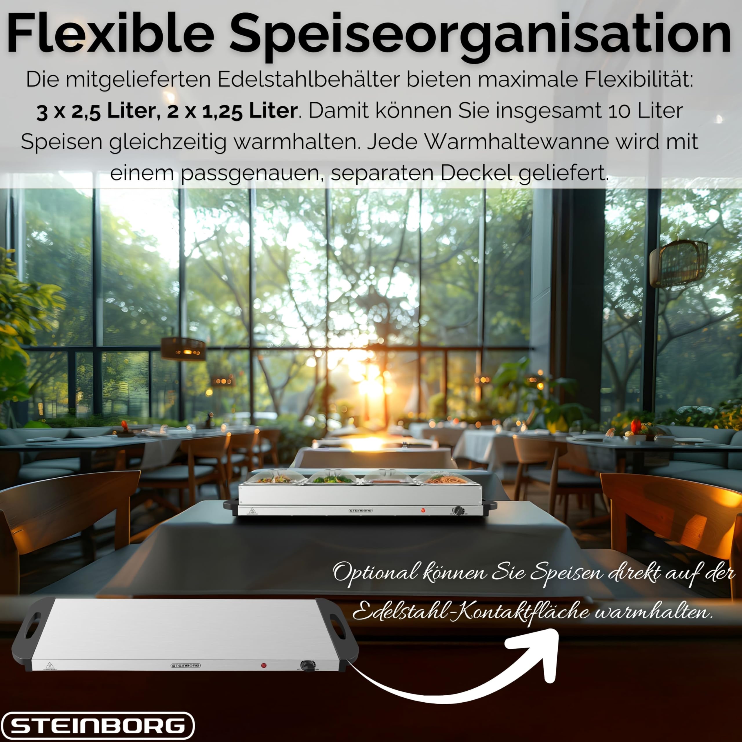 Steinborg Buffetwärmer XXL elektrische Warmhalteplatte 450 Watt 5 Speisebehälter 10 Liter