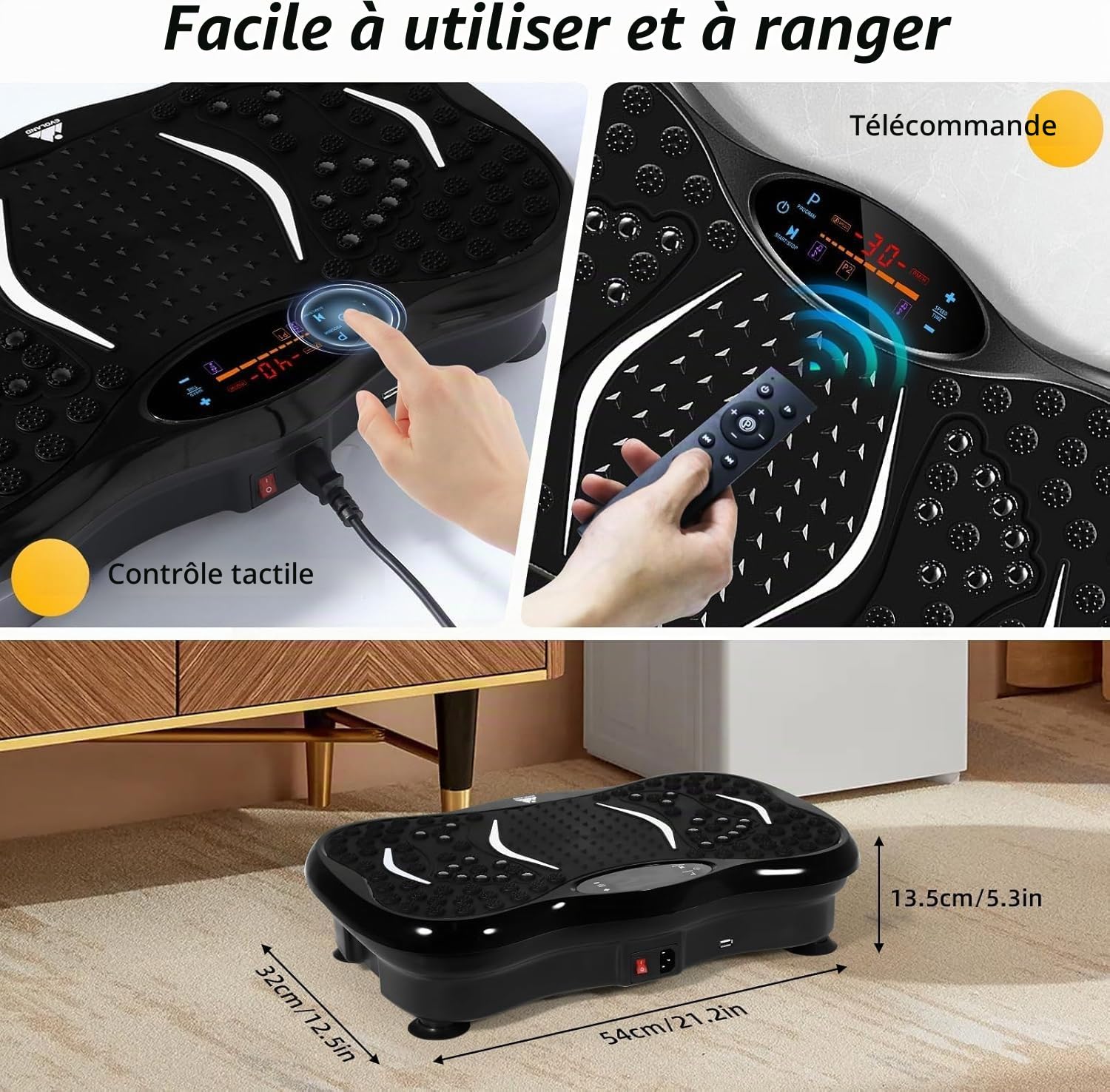 EVOLAND Plaque de Vibration Fitness Machine avec Haut-Parleur Bluetooth, 5 Modes, 2 Bandes de Résistance, Charge Max 150 kg