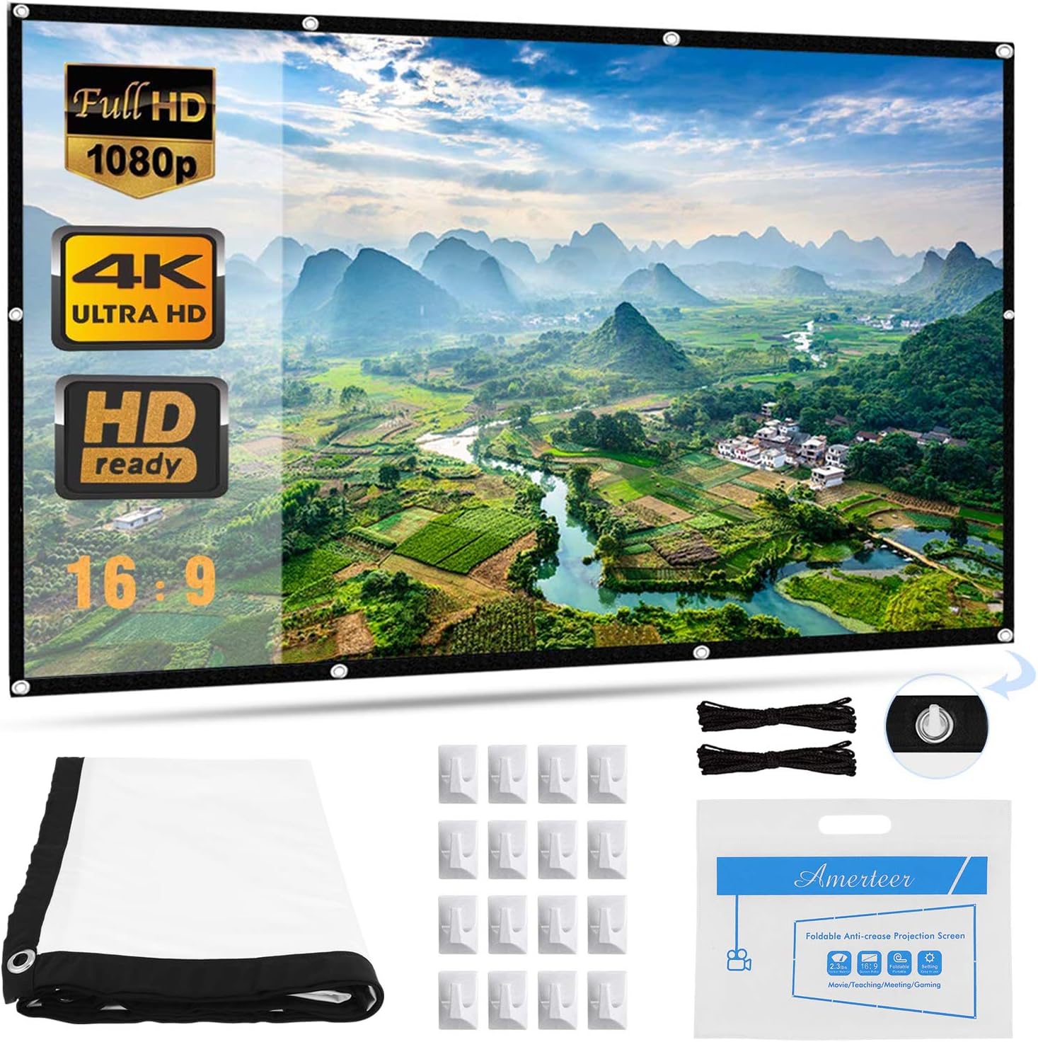 AMERTEER 120 inches Projector Screen | Outdoor & Indoor Projector | Movie Screen Projector with 16 Hooks and 2 Long Ropes | Foldable Projection Screen