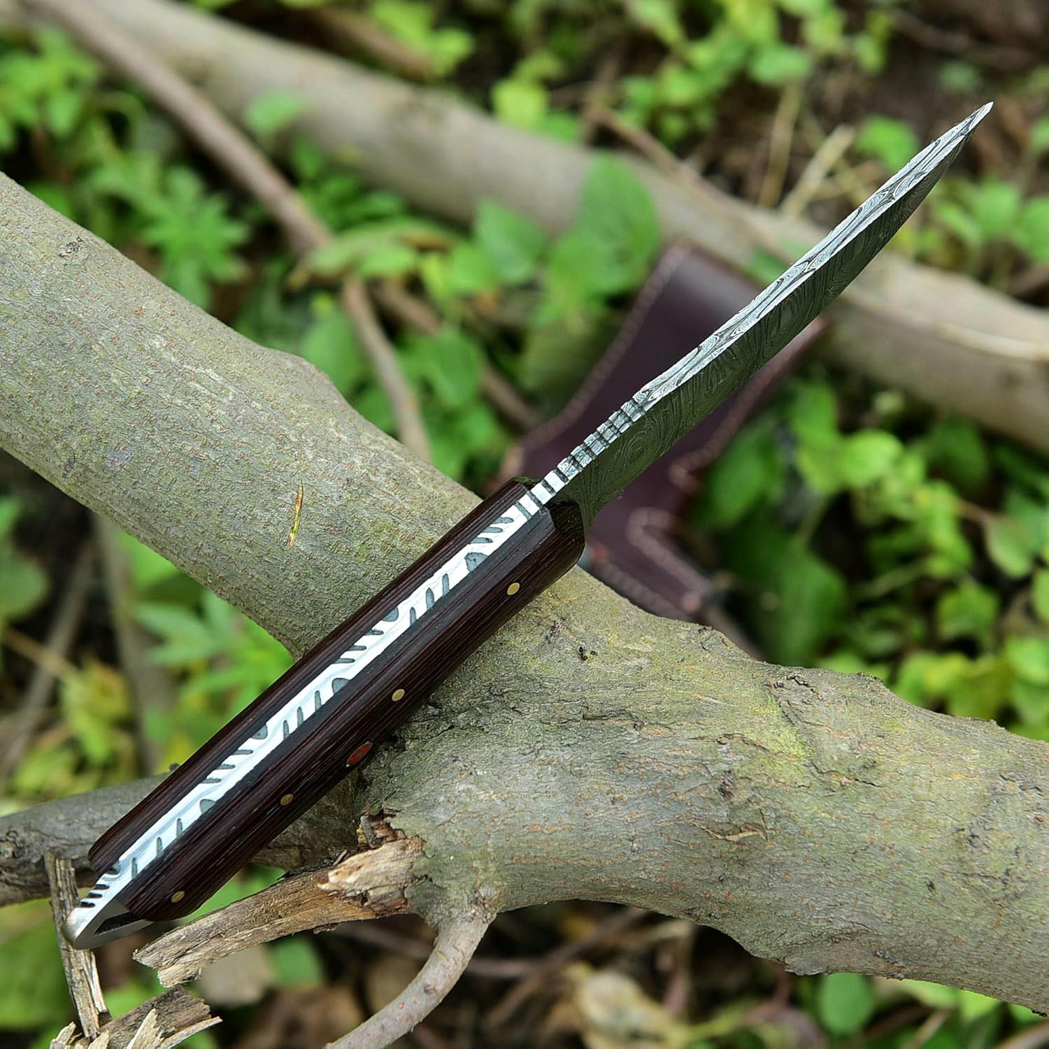 Damascus Steel Hunting Knife with Leather Sheath, Wenge Wood Handle 9.25 inch Handmade Outdoor Camping Fixed Blade Survival Knife Y-250