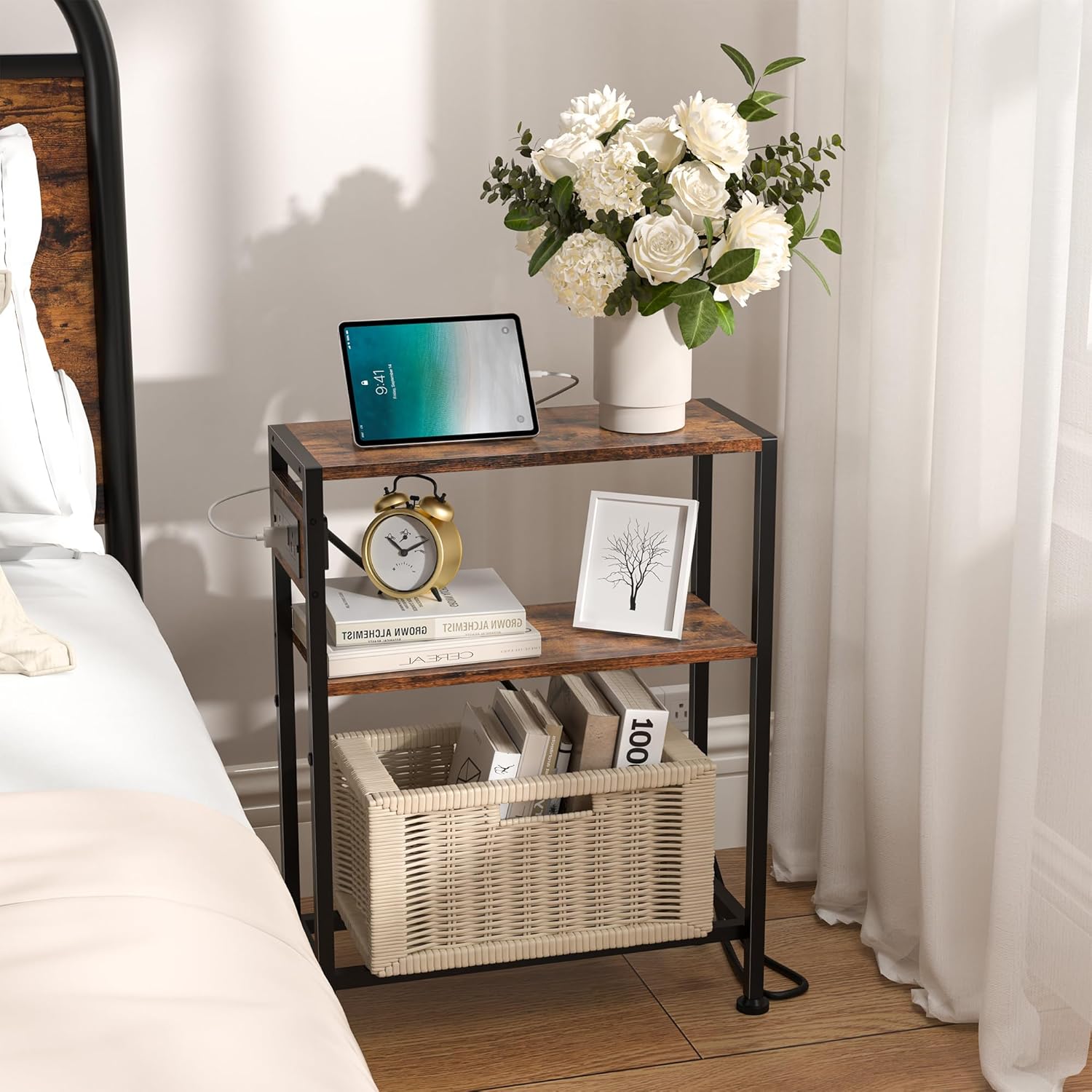 Small Narrow Side Table with Charging Station, Skinny End Table for Small Spaces, Slim Nightstand with Outlets, Sofa Bedside Table in Living Room, Bedroom, Study, Kitchen and Balcony (Rustic Brown)