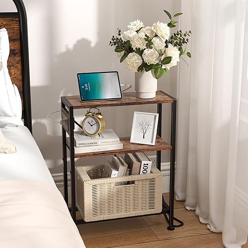 Miniatura 2 de Mesa auxiliar pequeña y estrecha con estación de carga, mesa auxiliar delgada para espacios pequeños, mesita de noche delgada con tomas, mesita de
