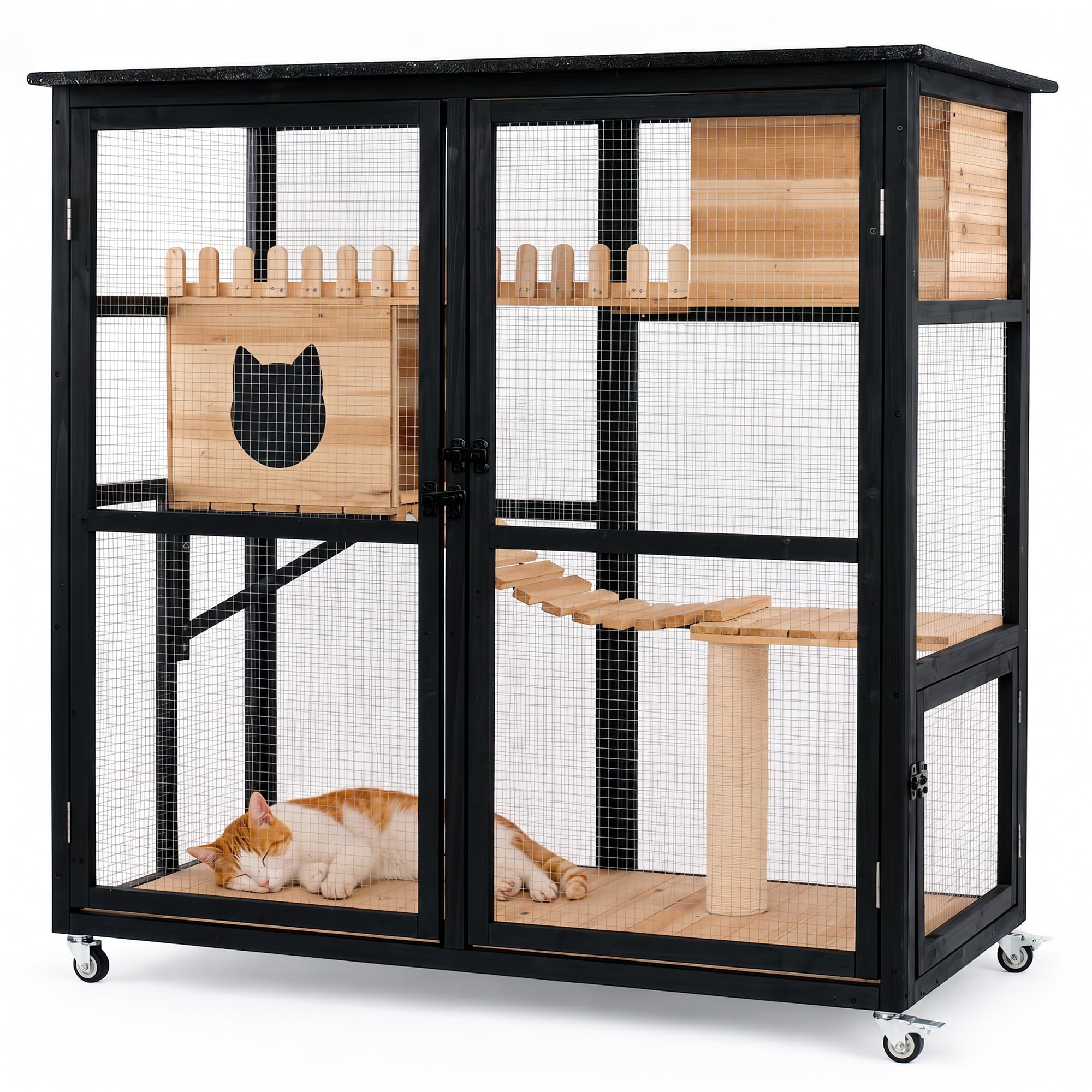 Catio Outdoor Cat Enclosure, 4-Level Wooden Cat Enclosure with Wheels