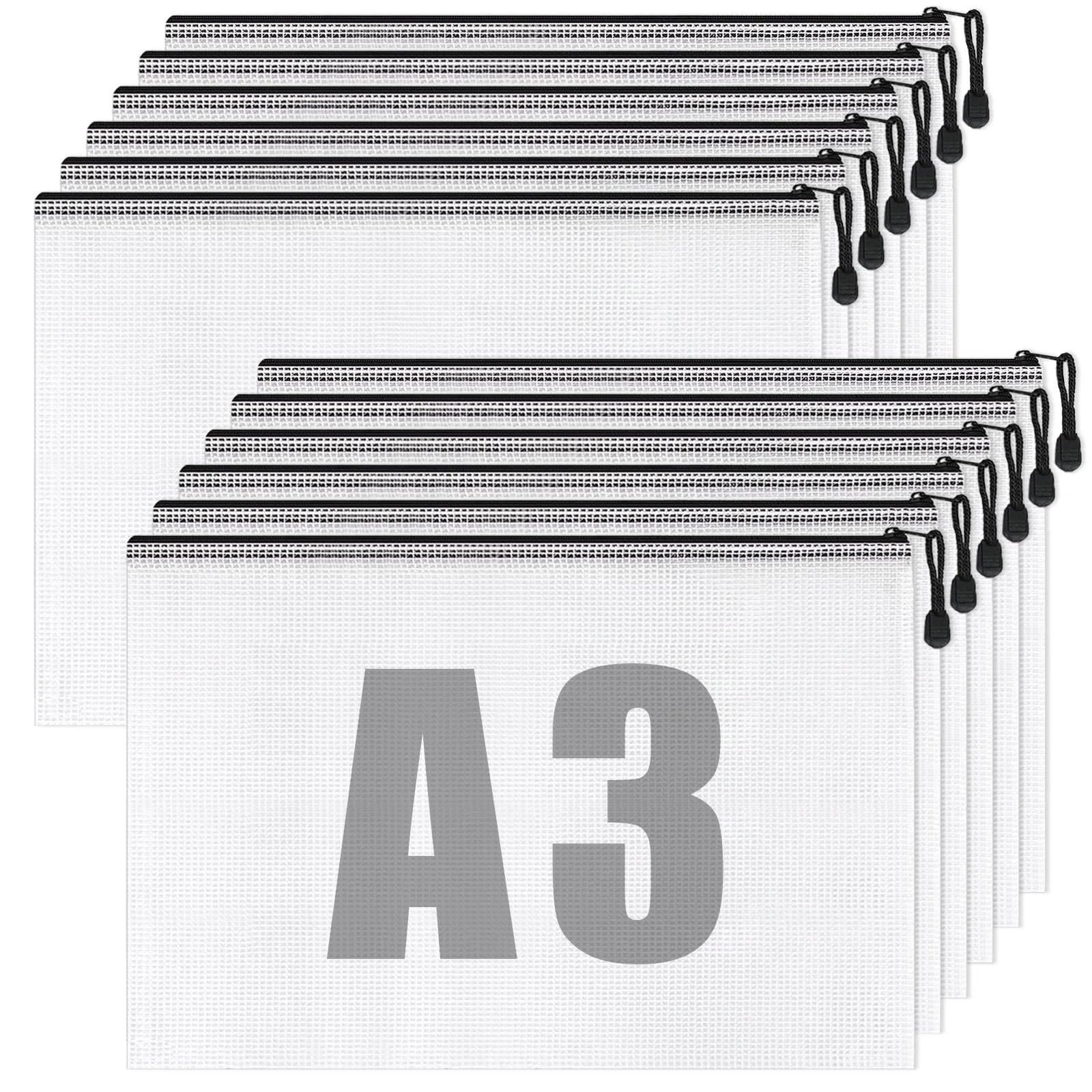 VIDETOL 12 PCS A3 Plastic Zip Wallets, Waterproof Mesh Folder, Black A3 Document Wallets for Home Office and School