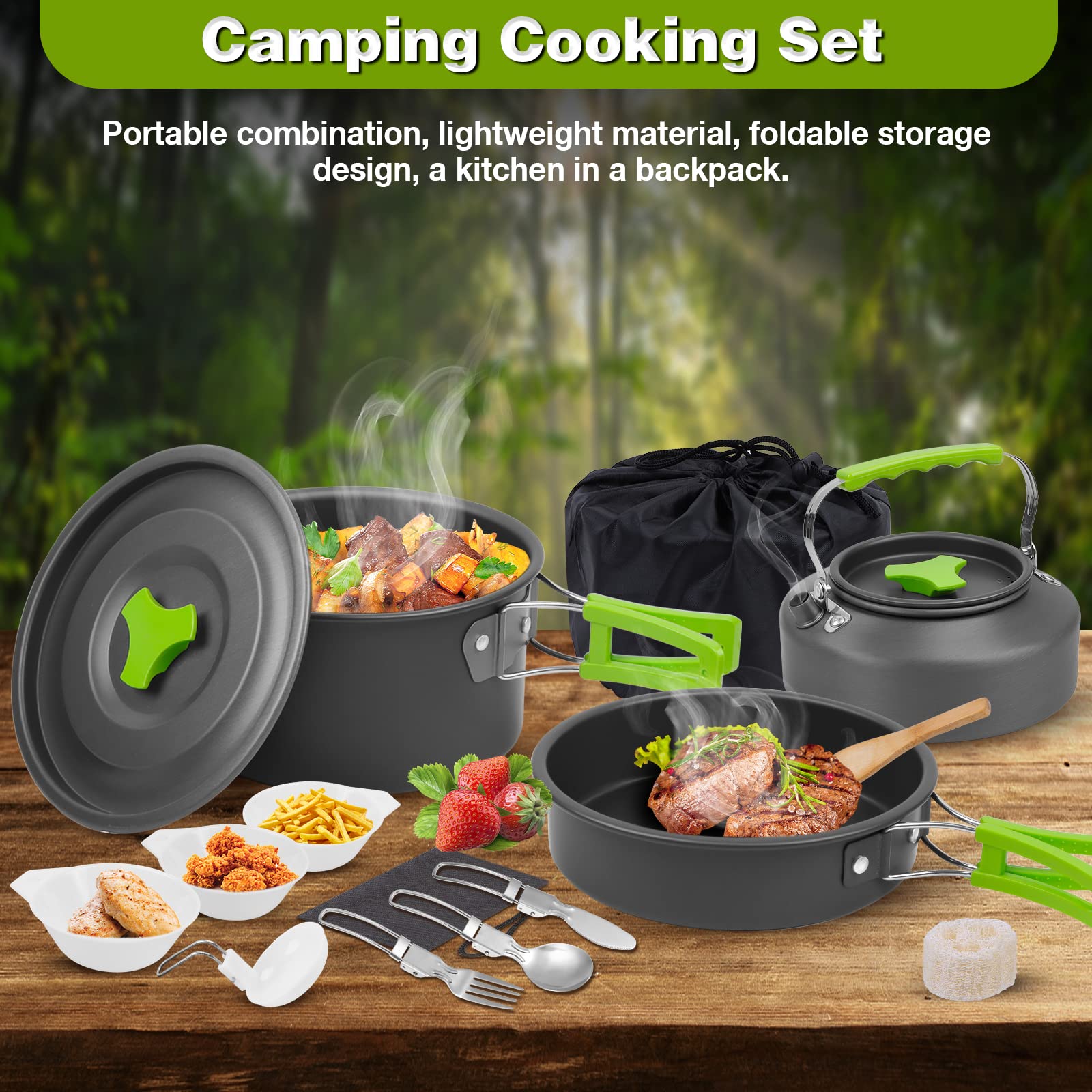 Juego de Cocina para Acampar, 14 Piezas Camping Cookware Outdoor Utensilios Cocina Camping Ollas de Aluminio Ligero Plegables Set de Ollas Camping, para 2-3 Personas Camping Senderismo