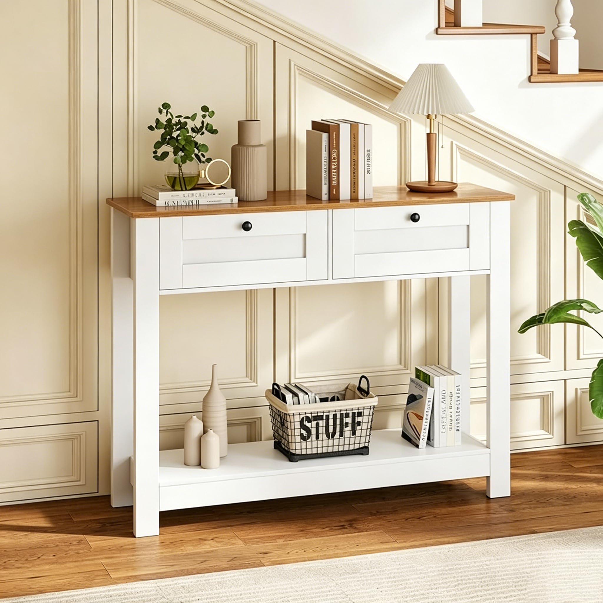 LIFEZEAL Mesita Auxiliar Rectangular de Madera, con Dos Estantes y Dos Cajones, Incluye Diseño Antivuelco, para Pasillos, Recibidores y Salones, Máx.80 kg, Blanco (106 x 30 x 81,5 cm)