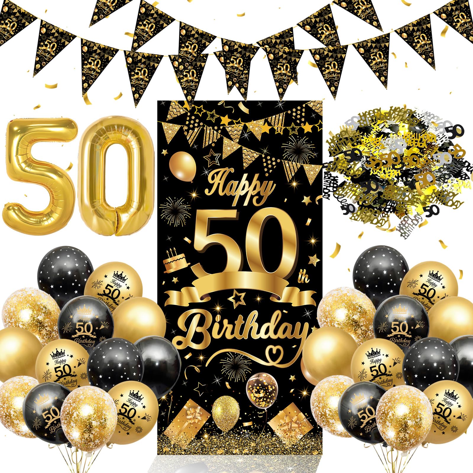 50 geburtstag Deko Mann Frau, AivaToba Deko 50. Geburtstag Luftballons Schwarz Gold mit Geburtstagsdeko 50 Jahre Lange Banner, Konfetti Deko, Zahl 50 und Wimpelkette, 50. Geburtstag Männer Frauen