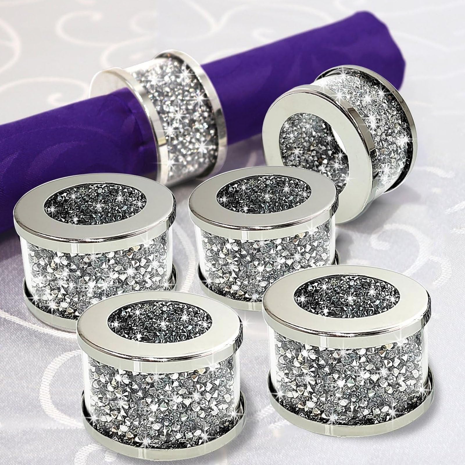 Set di 4 portatovaglioli in cristallo per eleganti tavoli – Portatovaglioli decorativi con strass, ideali per ricevimenti di nozze, cene, riunioni di famiglia, fibbie per tovaglioli in argento (6)