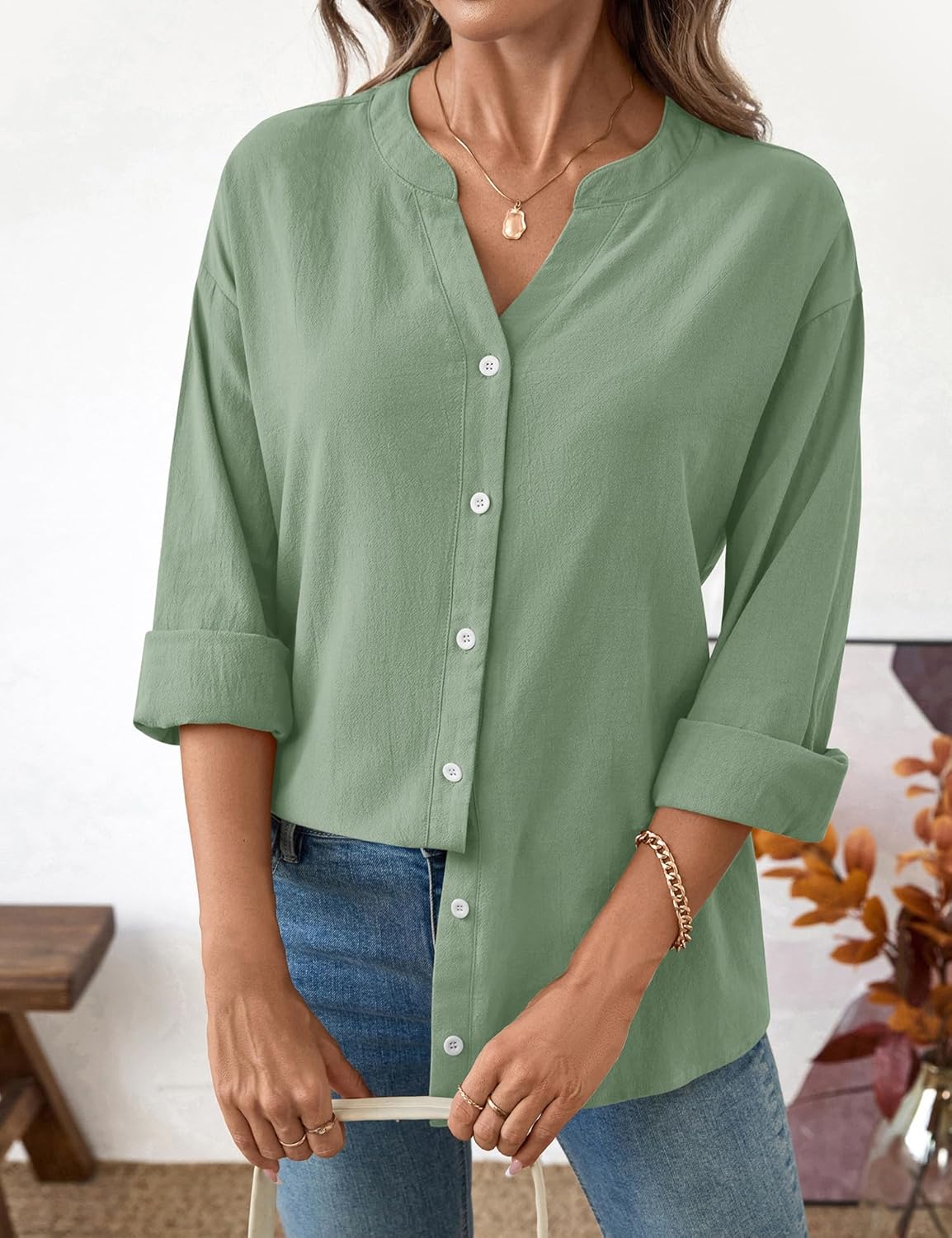 LOMON Womens Button Down Shirts Long Sleeve Cotton Button Up Shirt Linen V Neck Casual Loose Tops Blouses - Image 5