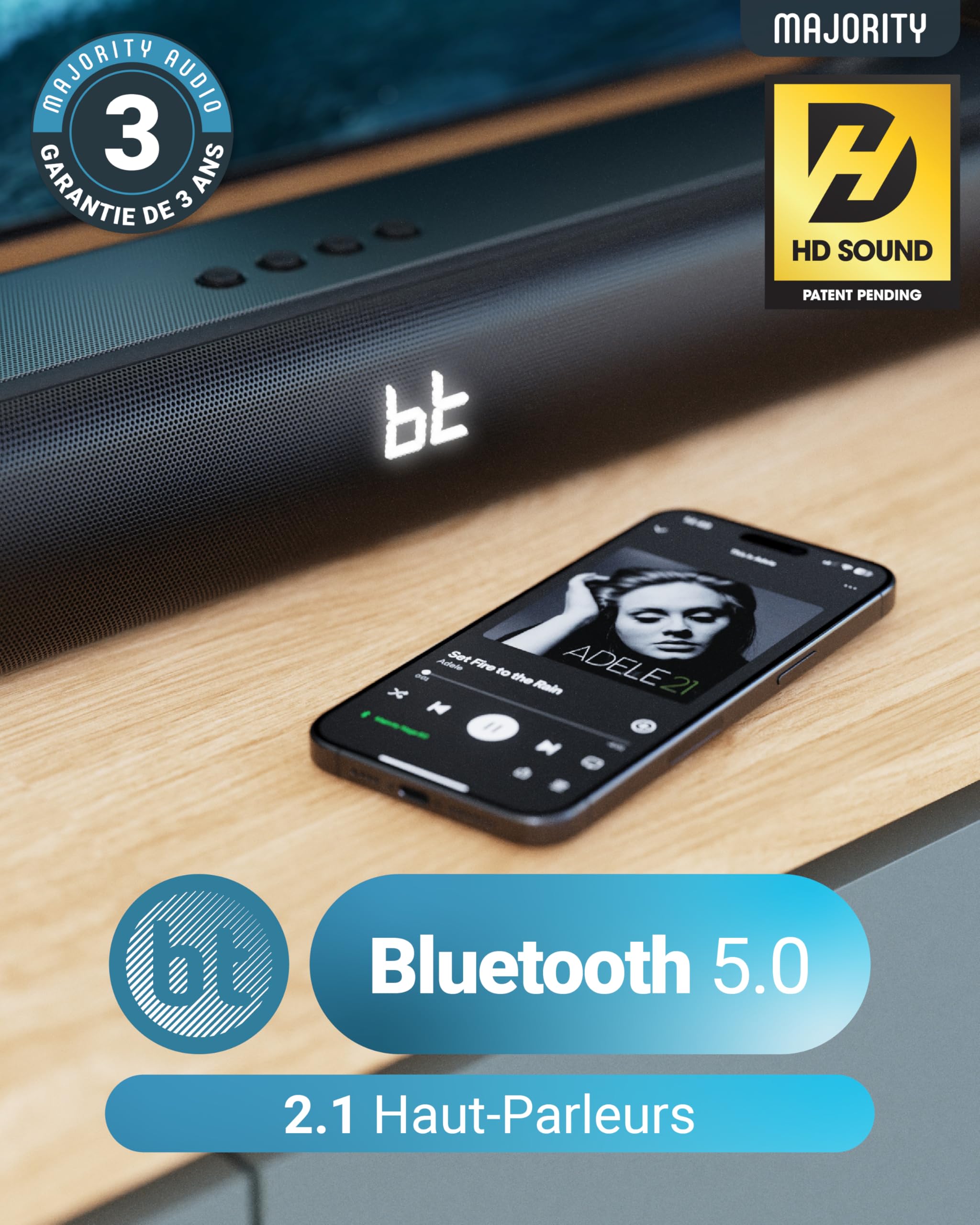 Majority Barre de Son TV Bluetooth, Home Cinema, 120W 2.1 Enceinte TV | 2.0-2.2 Subwoofer | 80W-300W Soundbar Montage Mural, HDMI ARC, Opt, AUX, USB, Télécommande | Majority Naga 60 Barres de son