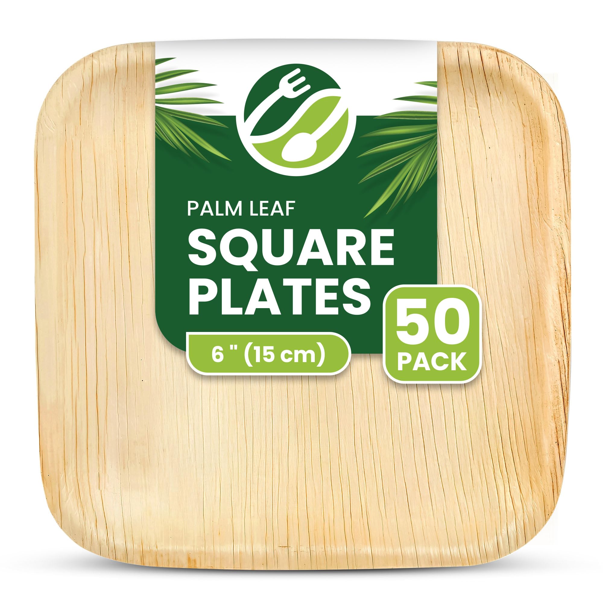 ECO Leaf 50 Disposable Square Palm Leaf Plates, 6" (15cm) – Eco-Friendly, Biodegradable, Compostable, Heavy-Duty Bamboo Plates for Desserts, Hot Food, Weddings, Picnics, BBQs, Oven Safe