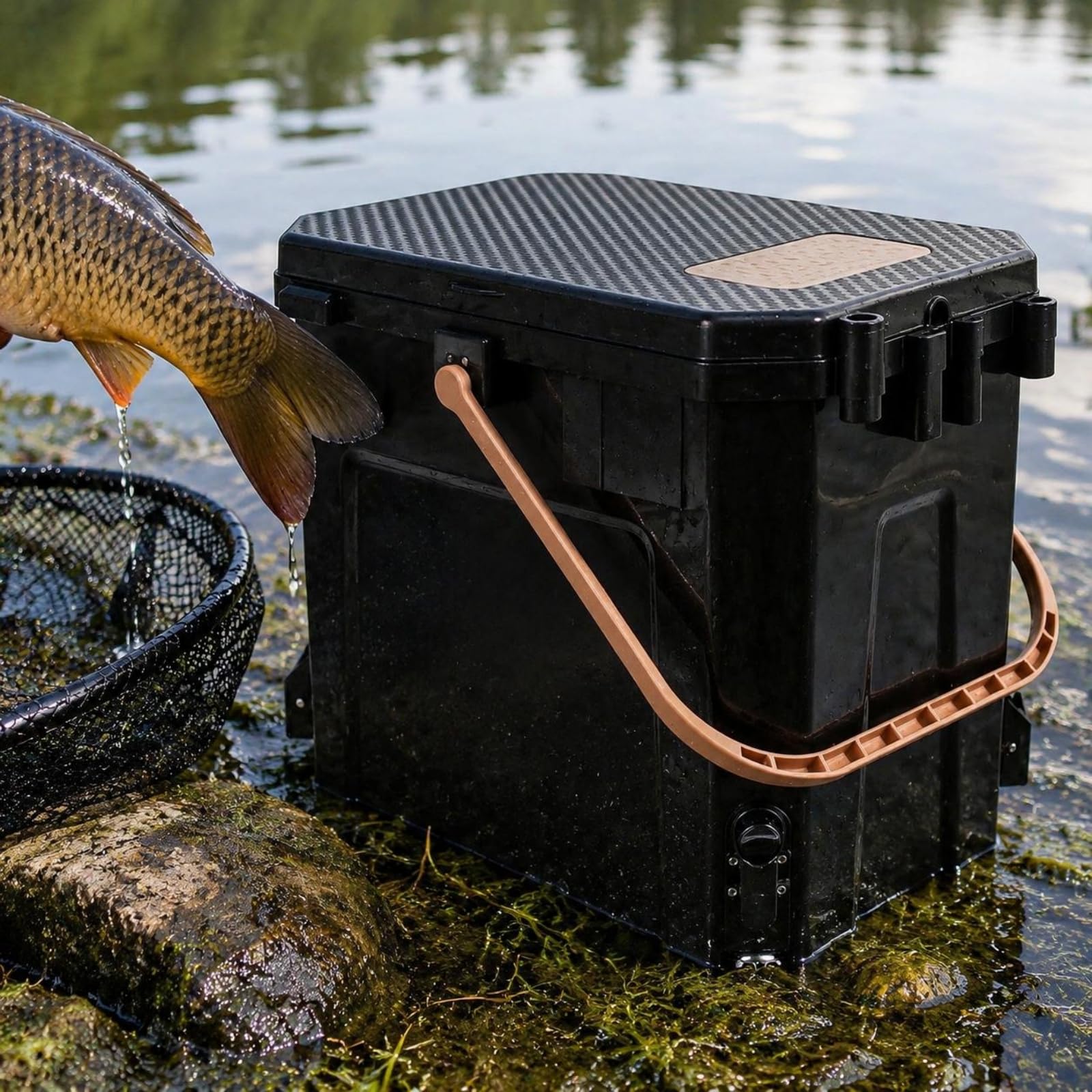 Contenedor de Pesca Caja Cubo Baúl Recipiente Elevado con Regulables para Terrenos Irregulares Tapa Antideslizante y Asa, Básico Cubo Desnudo con Patas Elevables Y Caja De Almacenamiento