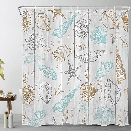 EOBTAIN Cortina de ducha náutica costera, diseño de estrella de mar y corales sobre tablero de madera vintage, cortina de ducha para baño, playa,