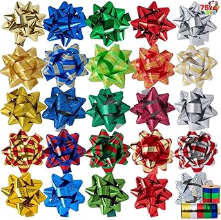 JOYIN 75 PCS 3 Inch Christmas Self Adhesive Gift Bows and 8 Rolls of Christmas Curling Ribbons for Baskets, Wine Bottles Decoration, Gift Wrapping and Decoration Present