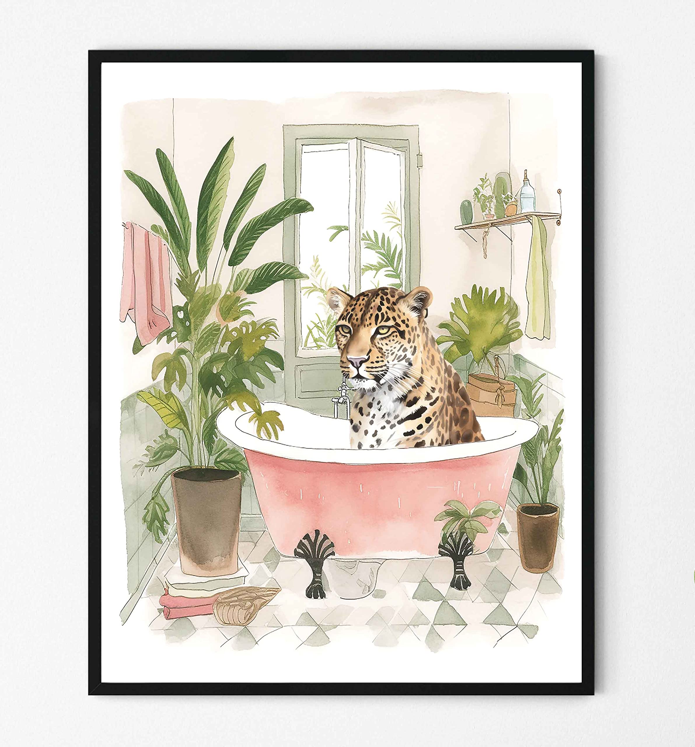 HomeArtPrint Leopard Wall Art in Bathtub, Leopard In Bathroom Picture, Humor Animals Artwork Prints Poster Style Decor for (Leopard, 16x20 inches + (