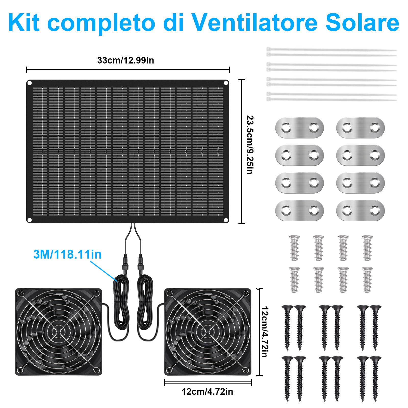 Ventilatore Solare per Serra, Pollaio, Casetta da Giardino, Cuccia Kit di Ventilatori a Pannello Solare 15 W con Doppia Ventola, Impermeabile, Aspirazione e Scarico