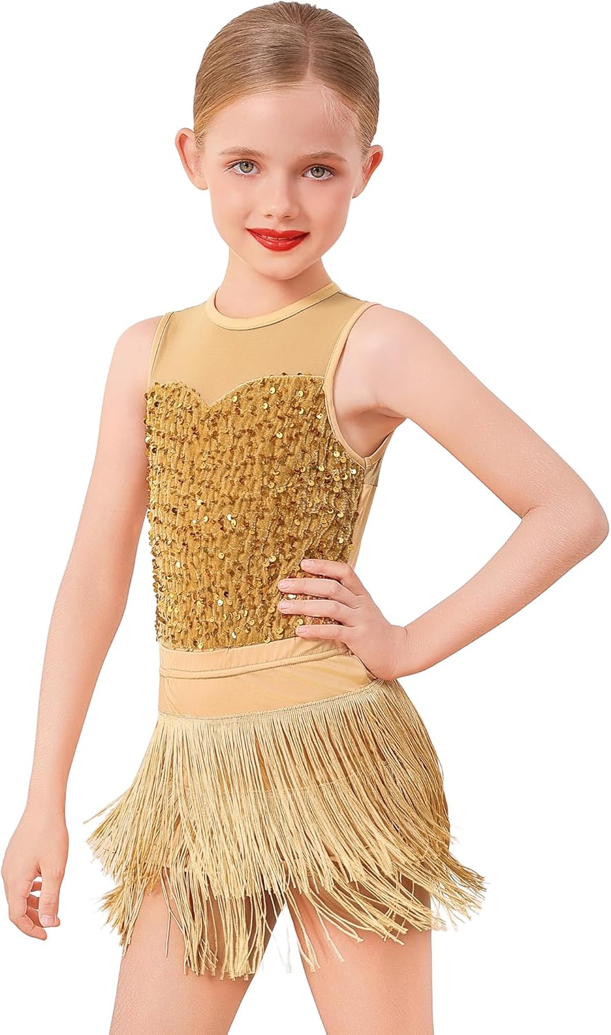 ODASDO Girls Jazz Latin Sparkle Sequins Dance Outfit Crew Neck Sleeveless Bodysuit with Tassel Fringe Skirt Two Piece Set