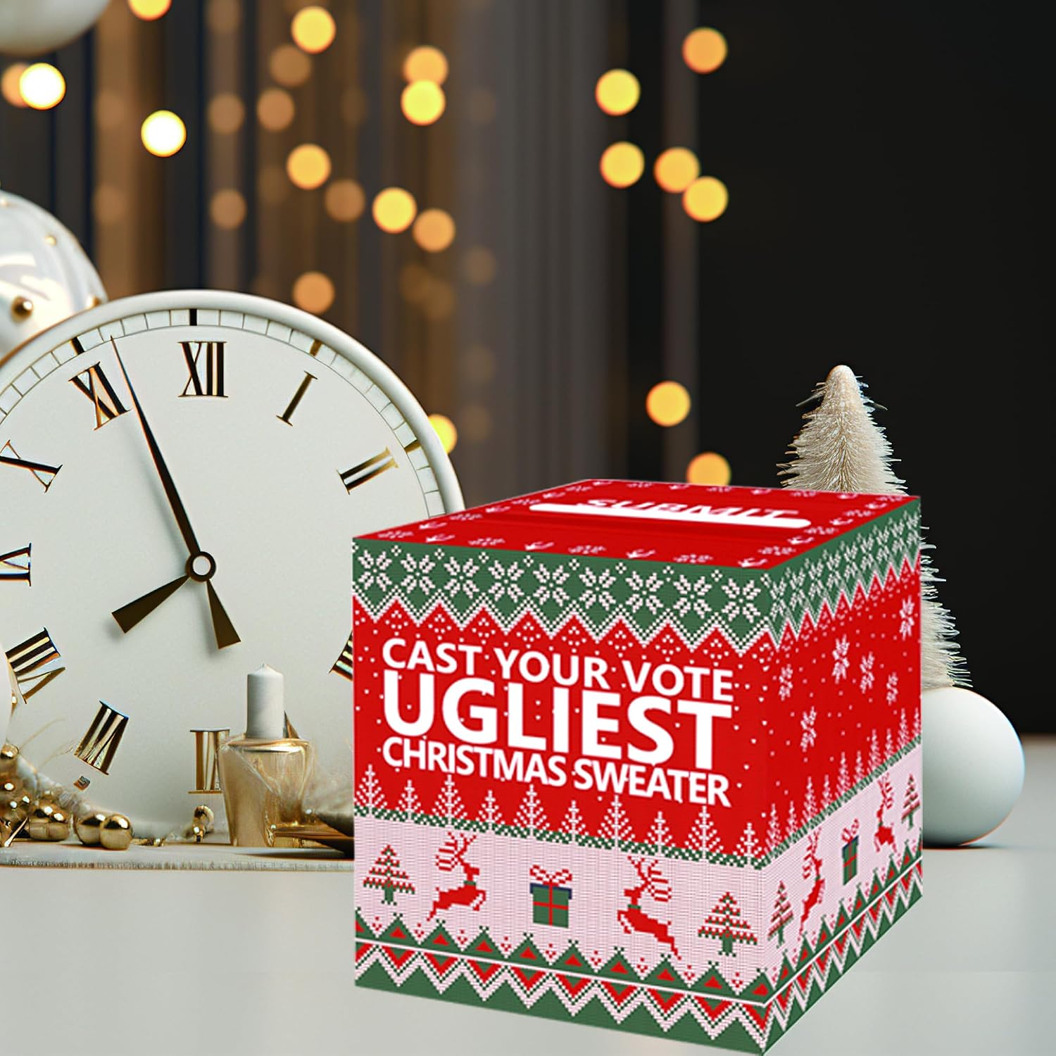 1 Pack Christmas Ugly Sweater Party Game Box with 50 Pcs Voting Cards Xmas Games Ugly Sweater Contest Ballot Box with Slot Christmas Party Decorations Supplies for Family Adults Groups Office