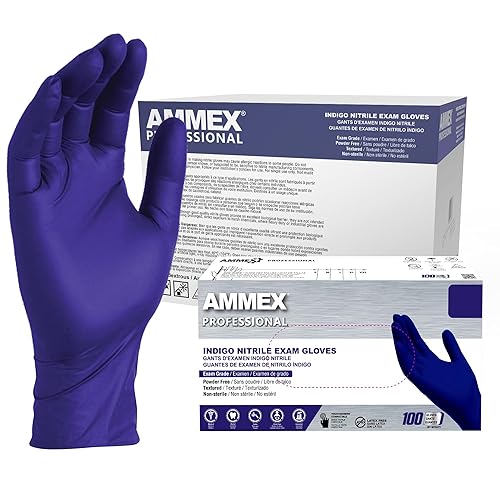 Miniatura 9 de Ammex, Ainpf, Guantes de nitrilo médicos, caja con 100 unidades, guantes desechables, sin polvo, sin látex, grado de revisión, 4 mil, color índigo,