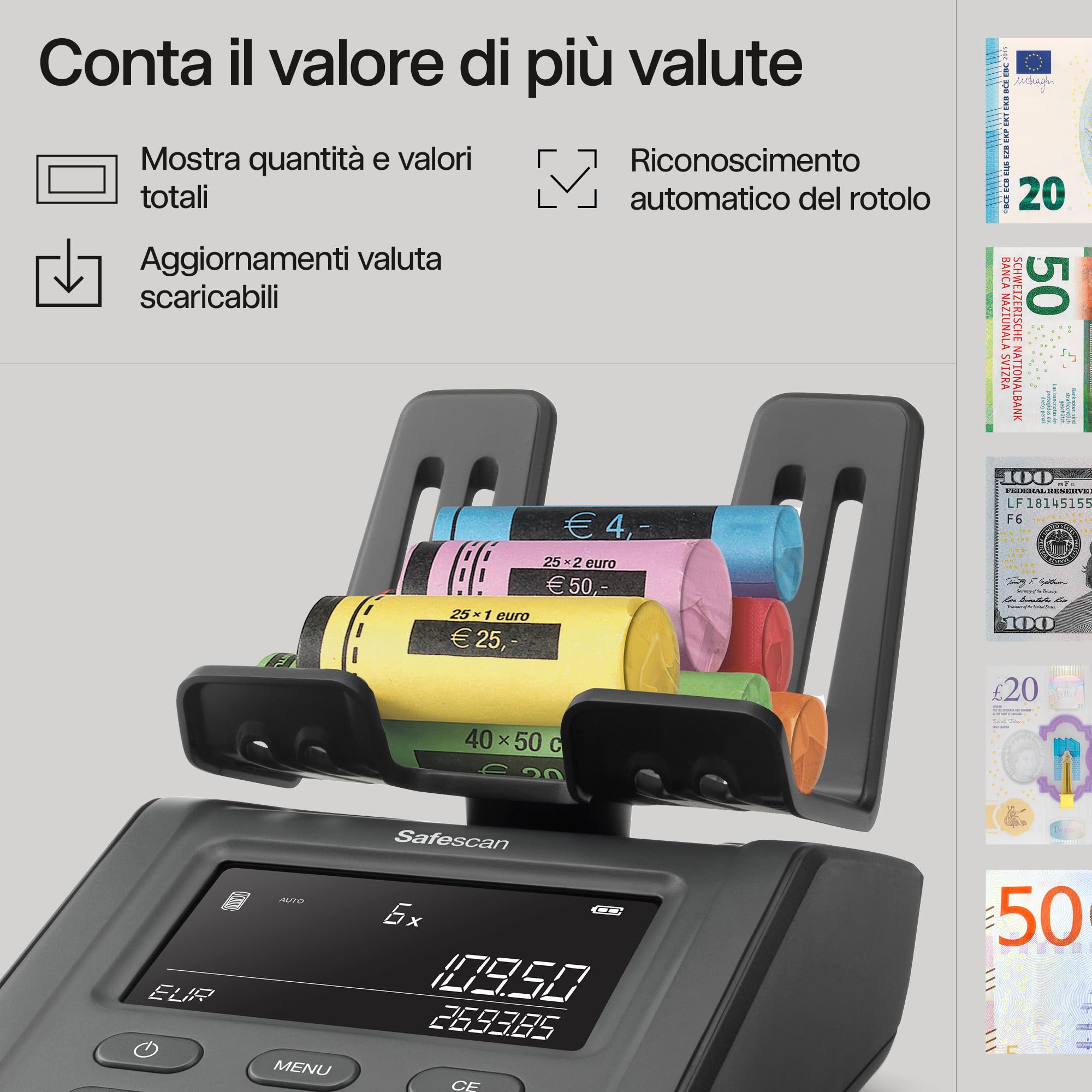 Safescan 6175 Macchina contasoldi che conta monete, banconote, buoni e gettoni, Contamonete con riconoscimento automatico del rotolo di monete, Bilancia che memorizza i risultati di ogni conteggio