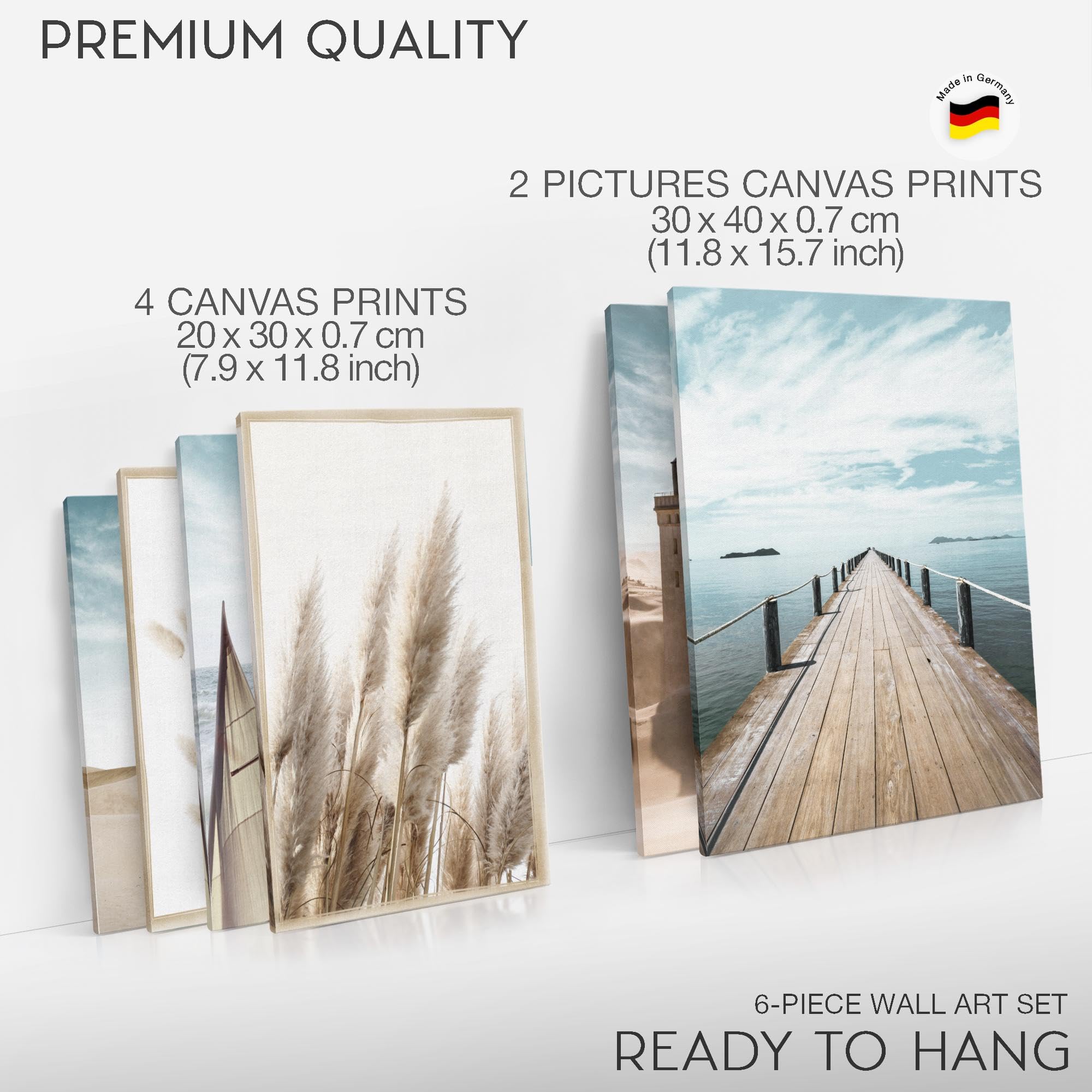 Novart Wandbilder Set Strand Meer Leuchtturm Blau Beige - KEIN EXTRA RAHMEN BENÖTIGT - Modern Deko - Wohnzimmer Schlafzimmer N007163a