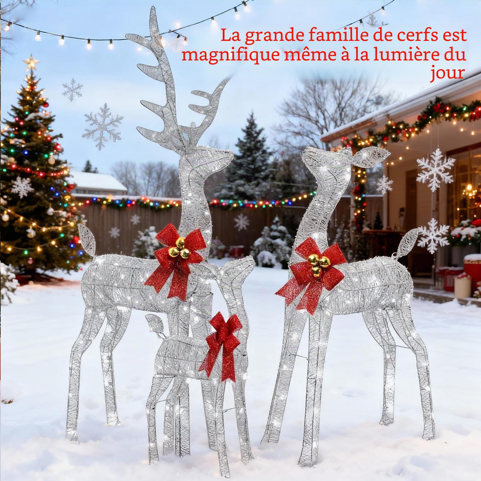 Décoration de Noël extérieure avec renne lumineuse : Figurine de renne LED pour jardin, décoration de Noël extérieure avec lumières blanc chaud, piquets de sol stables, cadre résistant aux intempéries