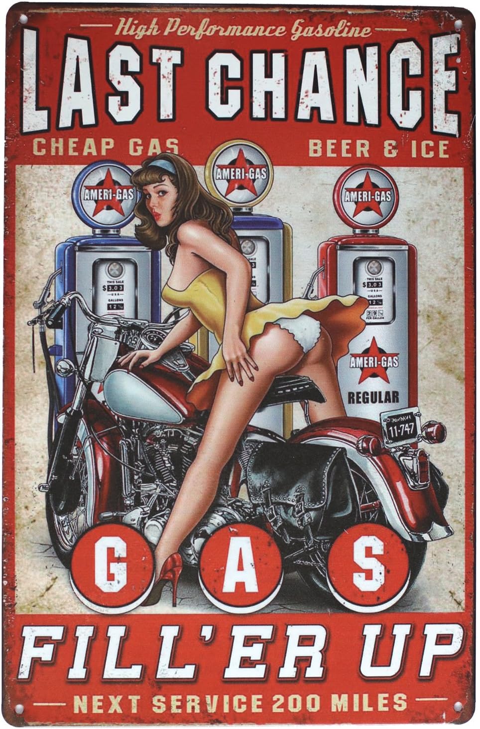 Last Change Gas Fill'er Up Motorcycle Pin-up Girl Metal Tin Sign, Vintage Plaque Art Poster Wall Decor