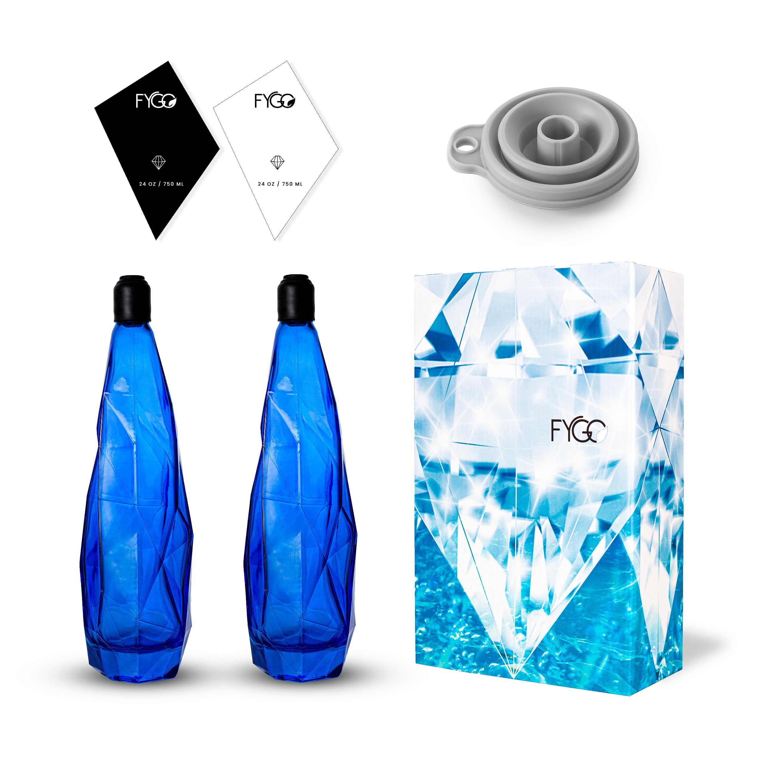 FYGO Set of 2 Diamond-Shaped Glass Bottles with Rubber Caps (Blue) – Includes 3 Blank Black Stickers, 3 Blank White Stickers, & 1 Funnel | Elegant, Leak-Proof, Reusable Bottles