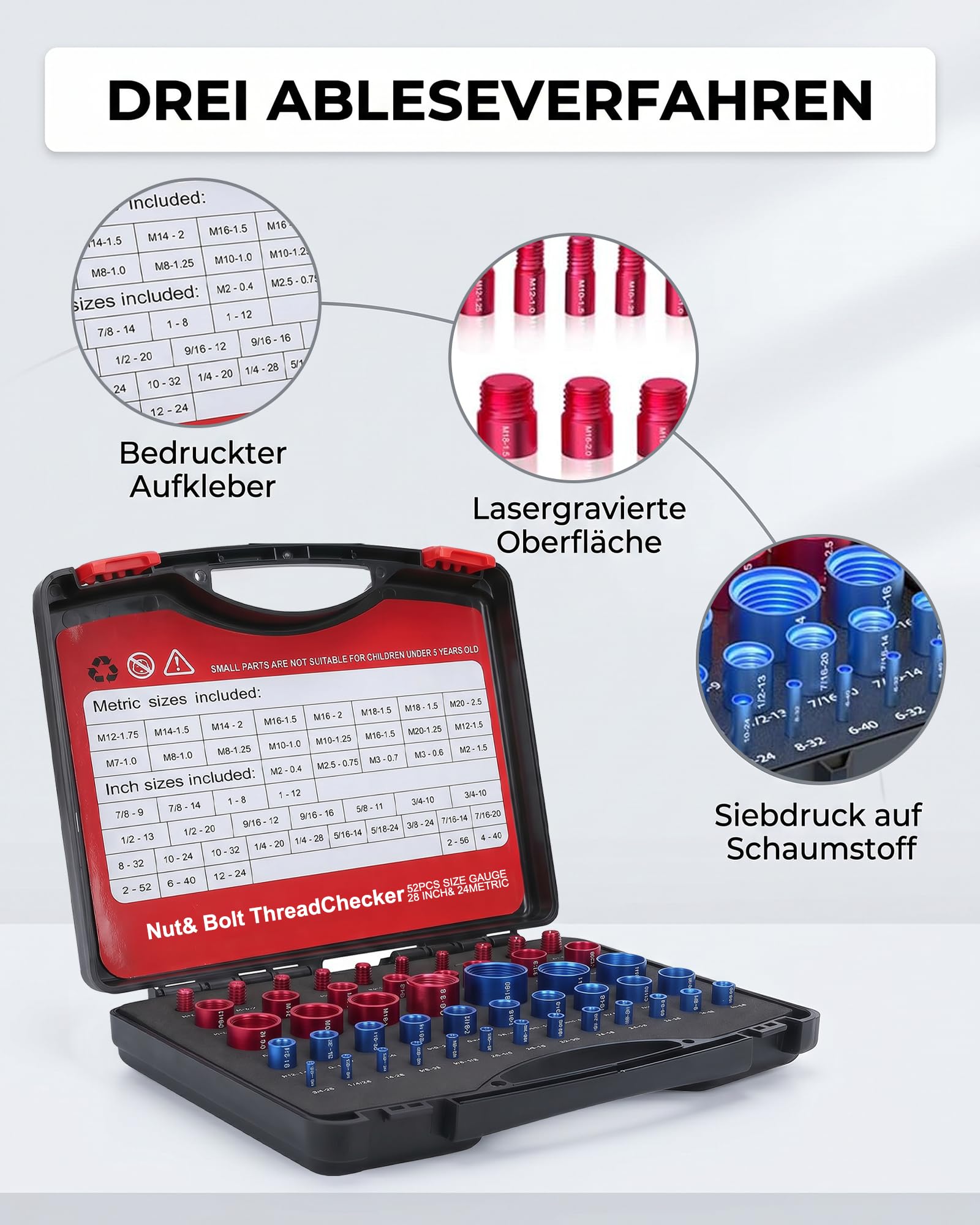 Gewindelehre 52-teiliger Thread Checker Gewindeprüfer 28 Zoll 24 Metrisch Aluminium Gewindemessgerät