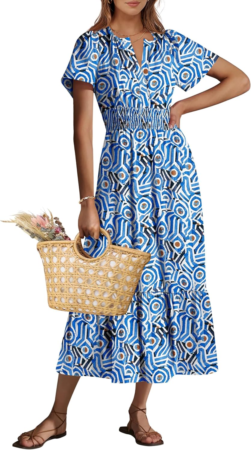 ANRABESS Women's Summer Short Sleeve Maxi Dress 2025 Casual V Neck High Waist A-Line Flowy Loose Tiered Boho Long Dresses