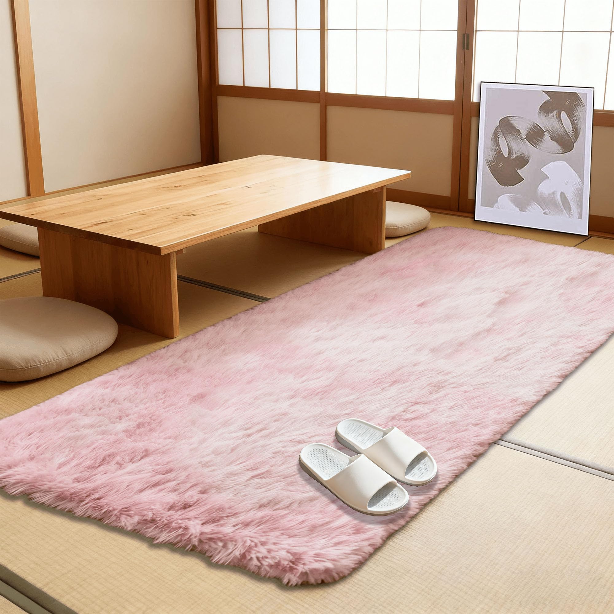 Grand tapis de salon 110 x 150 cm poil long lavable rose clair