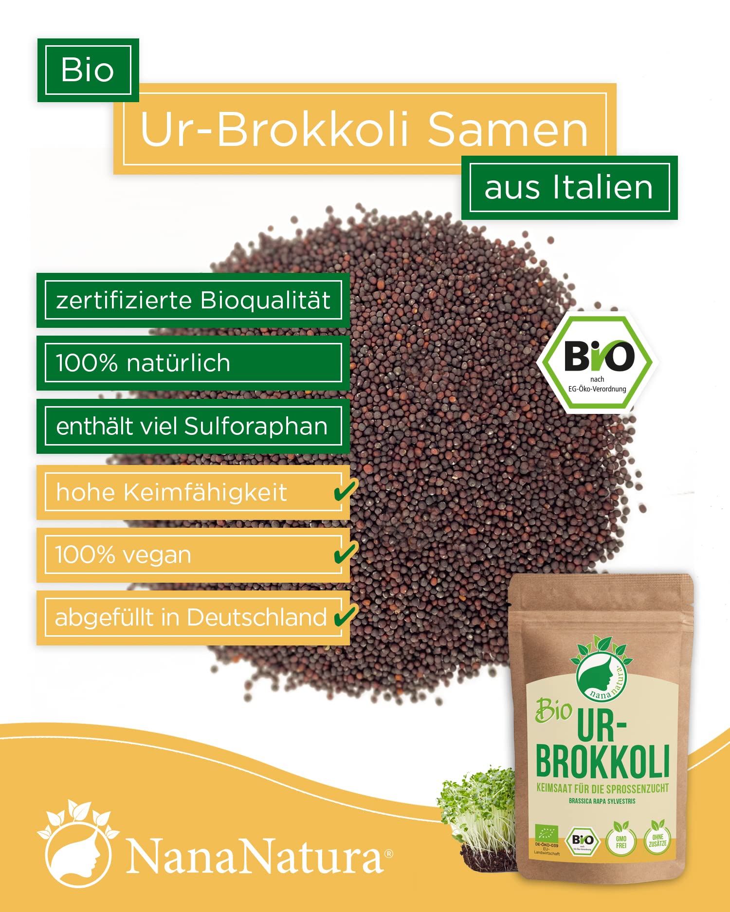 NanaNatura's Graines à Germer Bio | pour la Culture de Pousses | avec un taux de germination supérieur | Microgreens (Brocoli Bio, 600g)