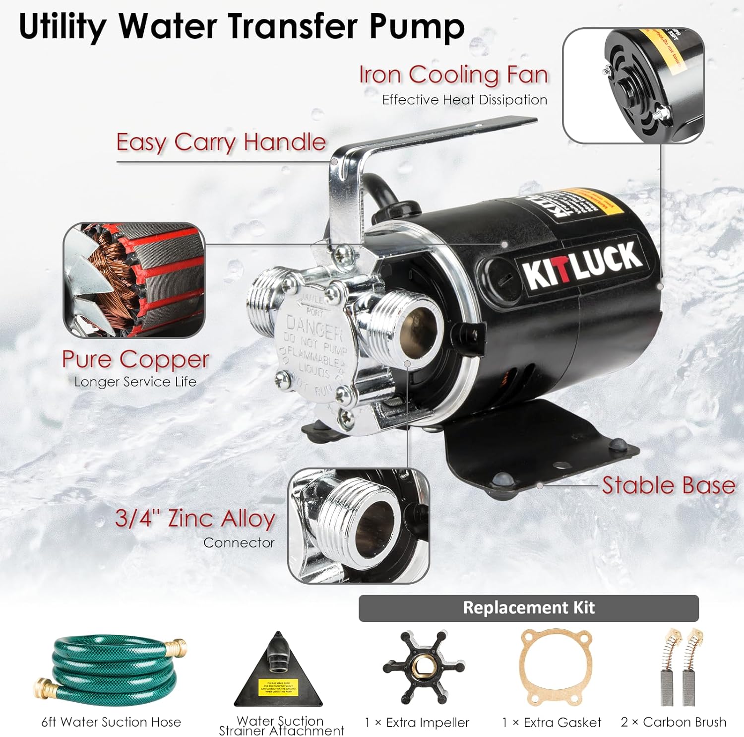 Water Transfer Pump, 115V 1/10HP 330GPH Utility Water Pump Electric With 6ft Suction Hose Kit, Portable Small Water Pump For Pool Draining, Removing Water From Rain Barrel, Aquariums, etc.