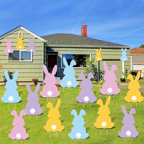 12 letreros de Pascua con estacas para patio al aire libre, conejo, césped, coloridos conejos, decoración de estacas de jardín para accesorios de