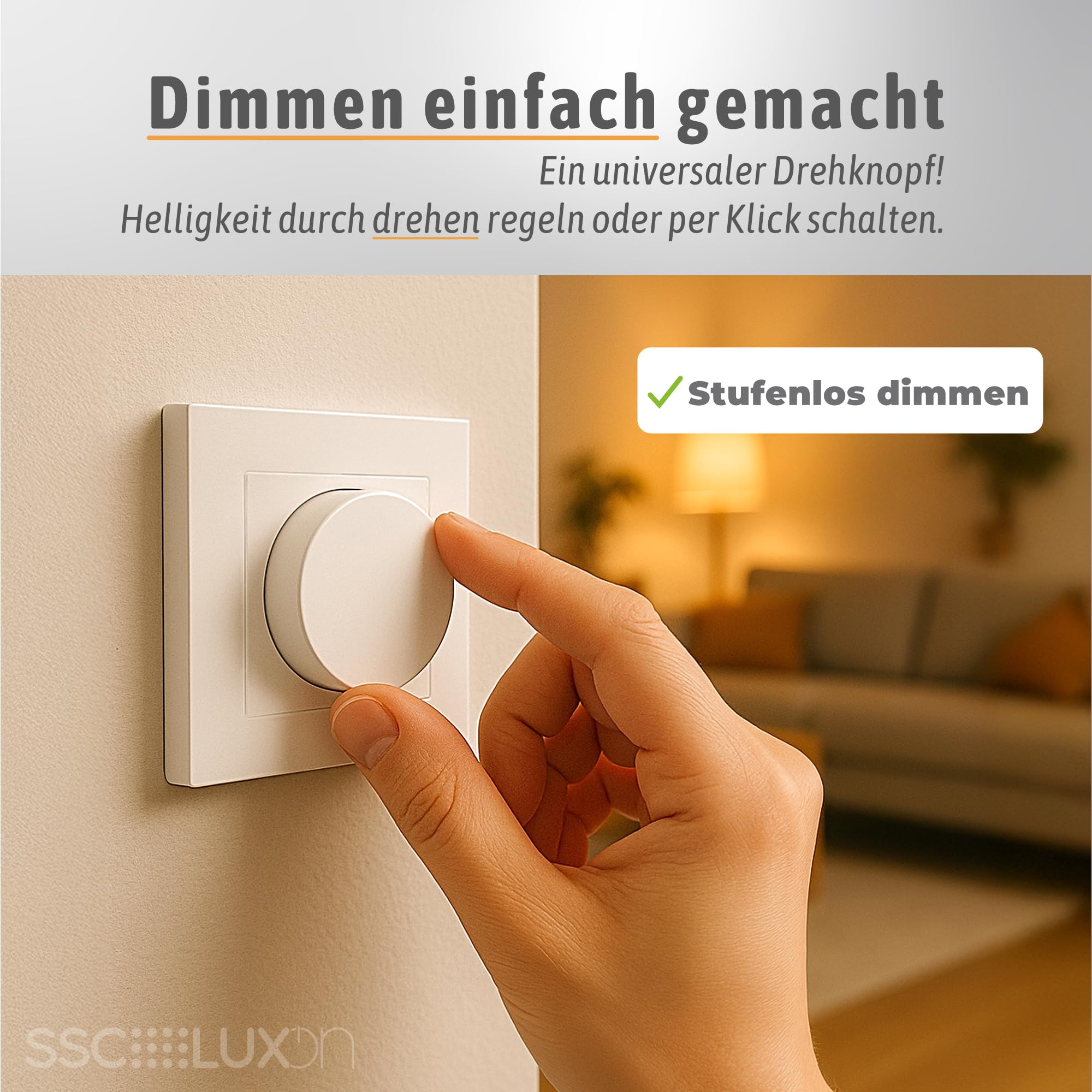 SSC-LUXon LUNORIS - Dimmer girevole universale, da incasso, 5 – 250 W, LED alogeno, a sezione di fase, 230 V, per presa da incasso, 60 mm, copertura bianca